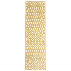 2' X 8' Gold And Ivory Geometric Power Loom Stain Resistant Runner Rug