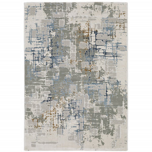 10' X 13' Grey Blue Brown Ivory And Deep Blue Abstract Power Loom Stain Resistant Area Rug