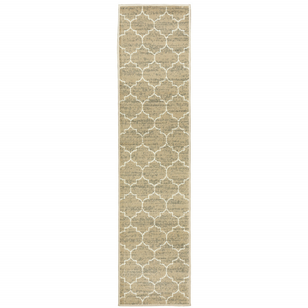 2' X 8' Beige And Ivory Geometric Power Loom Stain Resistant Runner Rug