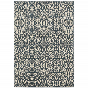 6' X 9' Blue And Ivory Floral Power Loom Stain Resistant Area Rug