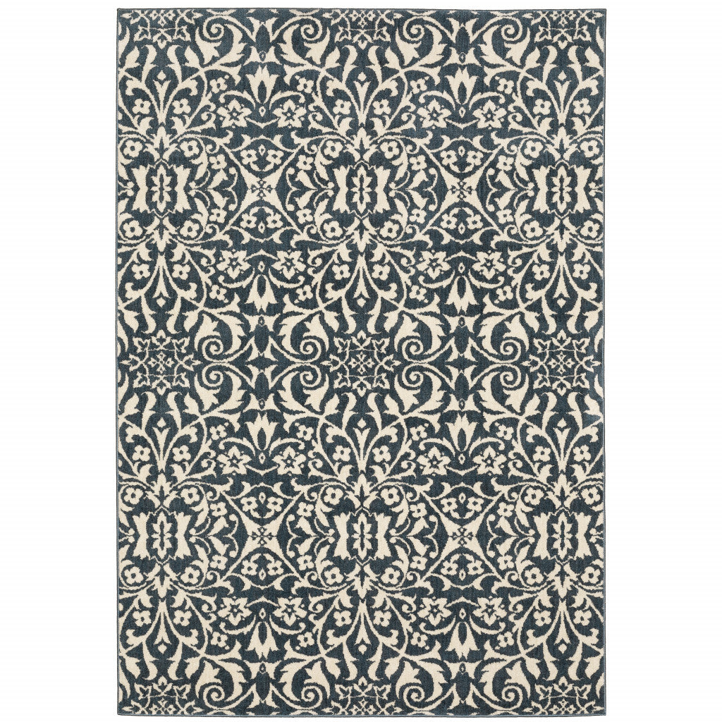 8' X 10' Blue And Ivory Floral Power Loom Stain Resistant Area Rug