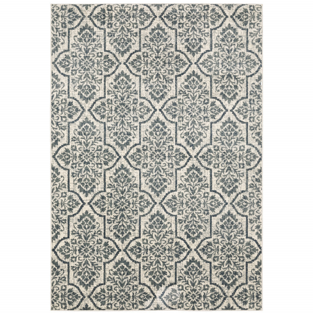 8' X 10' Ivory Blue And Sage Floral Power Loom Stain Resistant Area Rug