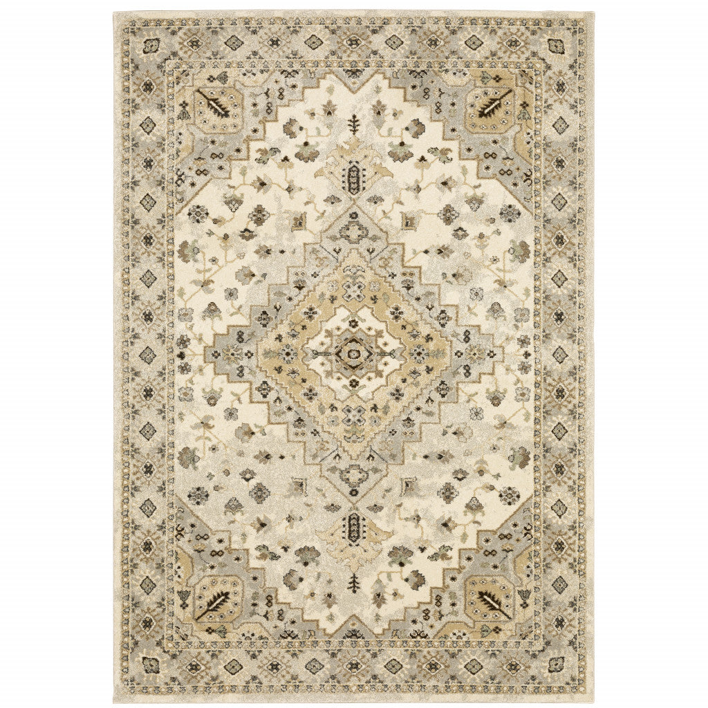 10' X 13' Beige Grey Tan And Brown Oriental Power Loom Stain Resistant Area Rug