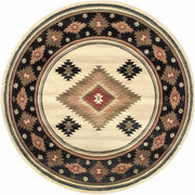 8' Beige Round Southwestern Power Loom Stain Resistant Area Rug