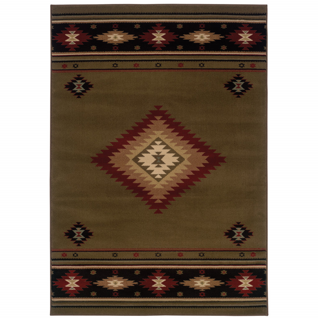 6' X 9' Green Southwestern Power Loom Stain Resistant Area Rug