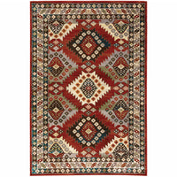 4' X 6' Red Deep Teal Ivory Grey And Green Southwestern Power Loom Stain Resistant Area Rug