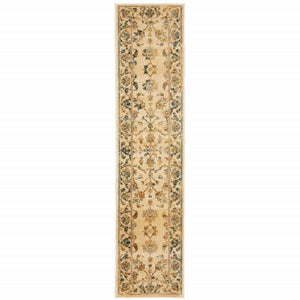 2' X 8' Beige Gold And Teal Oriental Power Loom Stain Resistant Runner Rug