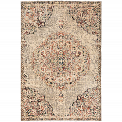 6' X 9' Grey Rust Deep Teal Beige And Orange Oriental Power Loom Stain Resistant Area Rug