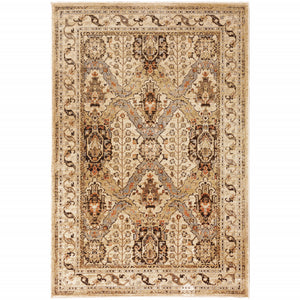 8' X 10' Beige Grey Dolphin Blue Deep Teal Gold And Orange Oriental Power Loom Stain Resistant Area Rug