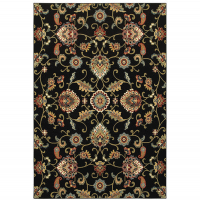 2' X 4' Black Red Green Ivory Salmon And Yellow Floral Power Loom Stain Resistant Area Rug