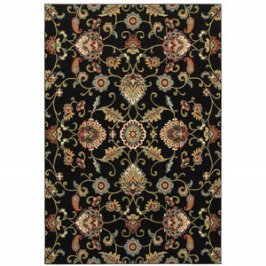 10' X 13' Black Red Green Ivory Salmon And Yellow Floral Power Loom Stain Resistant Area Rug