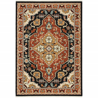 10' X 13' Black Orange And Beige Oriental Power Loom Stain Resistant Area Rug With Fringe