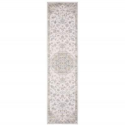 2' X 8' Beige Gold And Grey Oriental Power Loom Stain Resistant Runner Rug