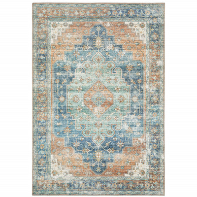 9' X 12' Blue Oriental Power Loom Stain Resistant Area Rug