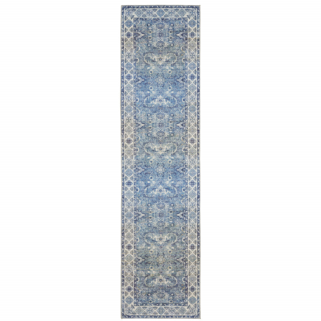 2' X 8' Blue And Grey Oriental Power Loom Stain Resistant Runner Rug