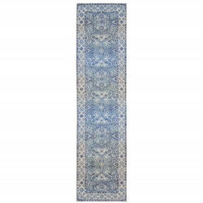 2' X 8' Blue And Grey Oriental Power Loom Stain Resistant Runner Rug