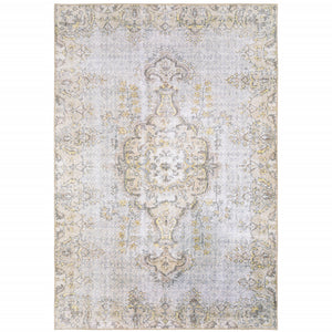 2' X 3' Grey And Gold Oriental Power Loom Stain Resistant Area Rug