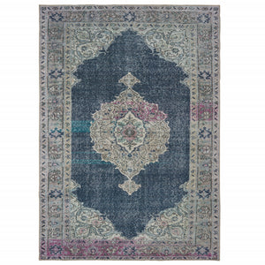 4' X 6' Blue And Grey Oriental Power Loom Stain Resistant Area Rug