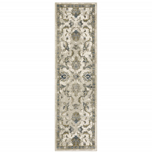 2' X 8' Beige Gold Blue And Grey Oriental Power Loom Stain Resistant Runner Rug