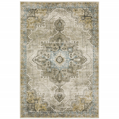 6' X 9' Grey Blue Beige And Gold Oriental Power Loom Stain Resistant Area Rug