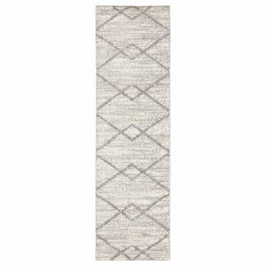 2' X 8' Ivory And Grey Geometric Shag Power Loom Stain Resistant Runner Rug