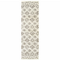 2' X 8' Ivory And Brown Geometric Shag Power Loom Stain Resistant Runner Rug