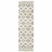 2' X 8' Ivory And Brown Geometric Shag Power Loom Stain Resistant Runner Rug