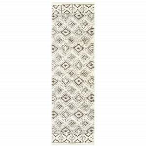 2' X 8' Ivory And Brown Geometric Shag Power Loom Stain Resistant Runner Rug