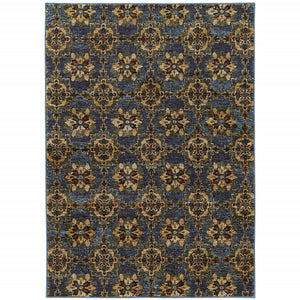 10' X 13' Blue And Gold Oriental Power Loom Stain Resistant Area Rug