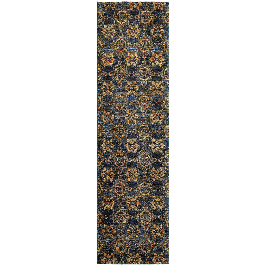 2' X 8' Blue And Gold Oriental Power Loom Stain Resistant Runner Rug