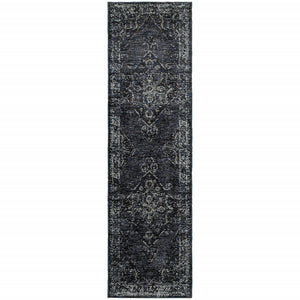 2' X 8' Blue And Brown Oriental Power Loom Stain Resistant Runner Rug