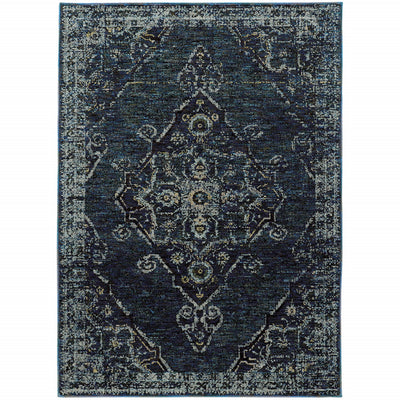 5' X 7' Blue And Brown Oriental Power Loom Stain Resistant Area Rug