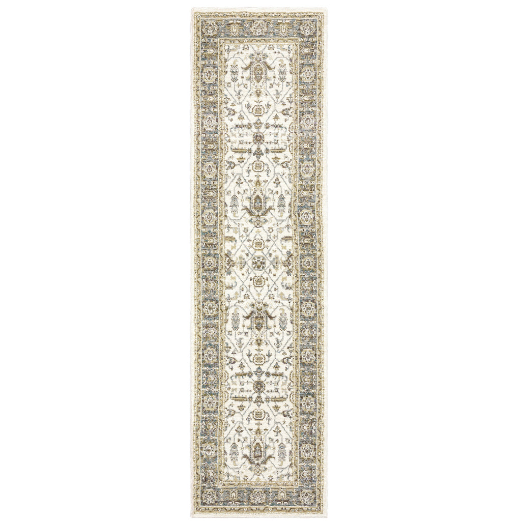 2' X 8' Ivory Grey And Blue Oriental Power Loom Stain Resistant Runner Rug