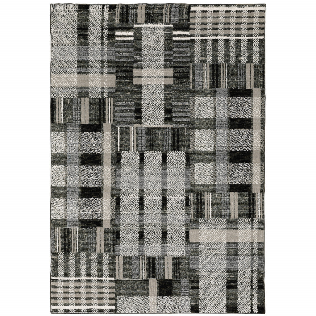 10' X 13' Black Grey And Ivory Geometric Power Loom Stain Resistant Area Rug