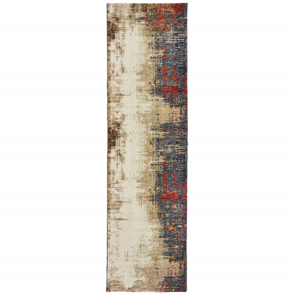 2' X 8' Beige Tan Brown Blue Purple Red Orange Gold And Green Abstract Power Loom Stain Resistant Runner Rug