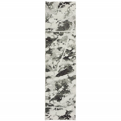 2' X 10' Charcoal And White Abstract Power Loom Stain Resistant Runner Rug