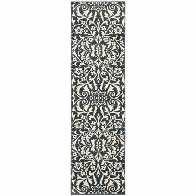 2' X 8' Blue And Ivory Floral Power Loom Stain Resistant Runner Rug