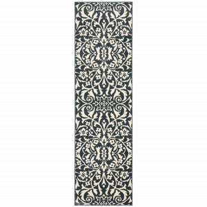 2' X 8' Blue And Ivory Floral Power Loom Stain Resistant Runner Rug