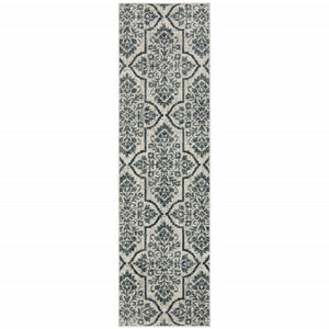 2' X 8' Ivory Blue And Sage Floral Power Loom Stain Resistant Runner Rug