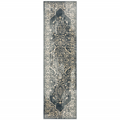 2' X 8' Beige Grey And Blue Oriental Power Loom Stain Resistant Runner Rug