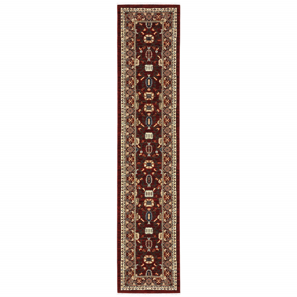 2' X 10' Red And Ivory Oriental Power Loom Runner Rug With Fringe