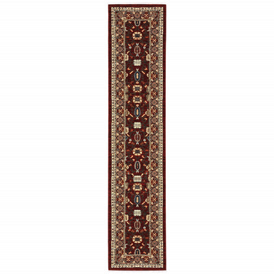 2' X 10' Red And Ivory Oriental Power Loom Runner Rug With Fringe