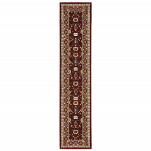 2' X 10' Red And Ivory Oriental Power Loom Runner Rug With Fringe