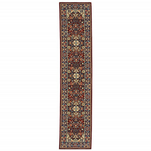 2' X 10' Blue And Red Oriental Power Loom Runner Rug With Fringe