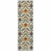 2' X 8' Ivory Grey Rust Gold And Blue Abstract Power Loom Stain Resistant Runner Rug