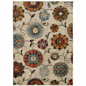 4' X 6' Ivory Blue Gold Green Orange Rust And Teal Floral Power Loom Stain Resistant Area Rug