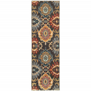 2' X 8' Brown Grey Rust Red Gold Teal And Blue Green Floral Power Loom Stain Resistant Runner Rug