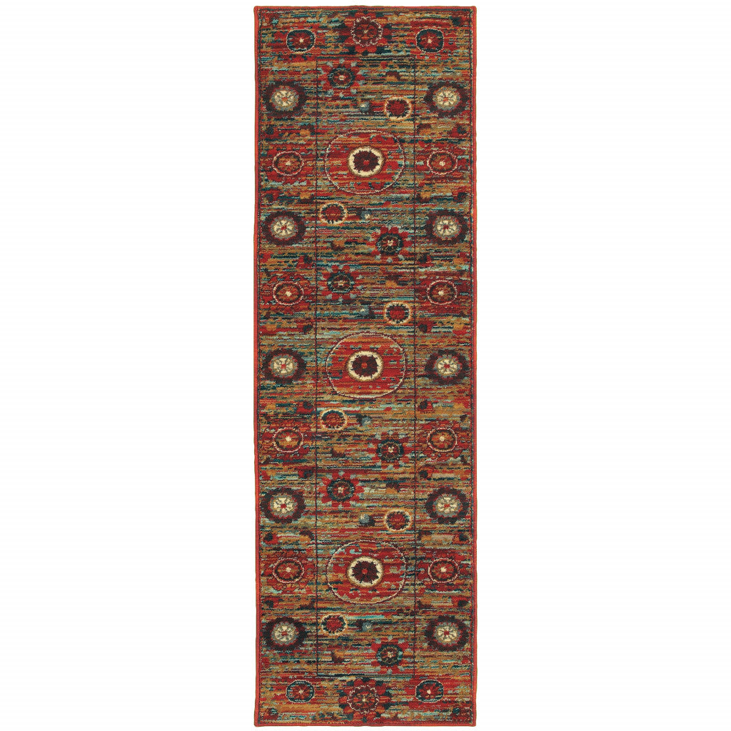 2' X 8' Red Gold Orange Green Ivory Rust And Blue Floral Power Loom Stain Resistant Runner Rug