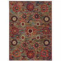 8' X 11' Red Gold Orange Green Ivory Rust And Blue Floral Power Loom Stain Resistant Area Rug