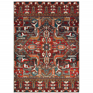 6' X 9' Red Orange Blue And Grey Southwestern Power Loom Stain Resistant Area Rug